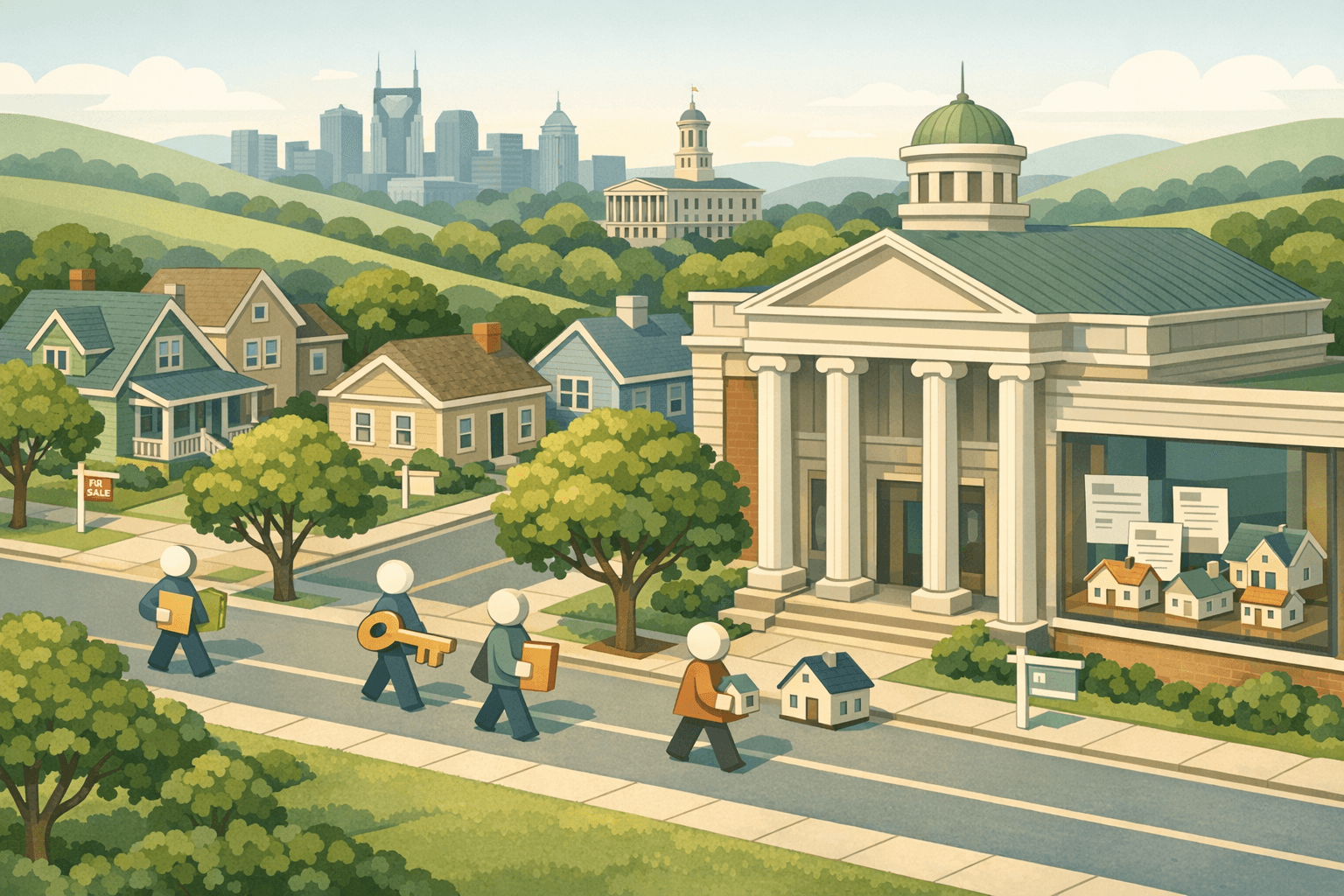 Isometric illustration of a Tennessee neighborhood with homes, a classic bank building, and small figures representing homebuyers exploring conventional mortgage options.