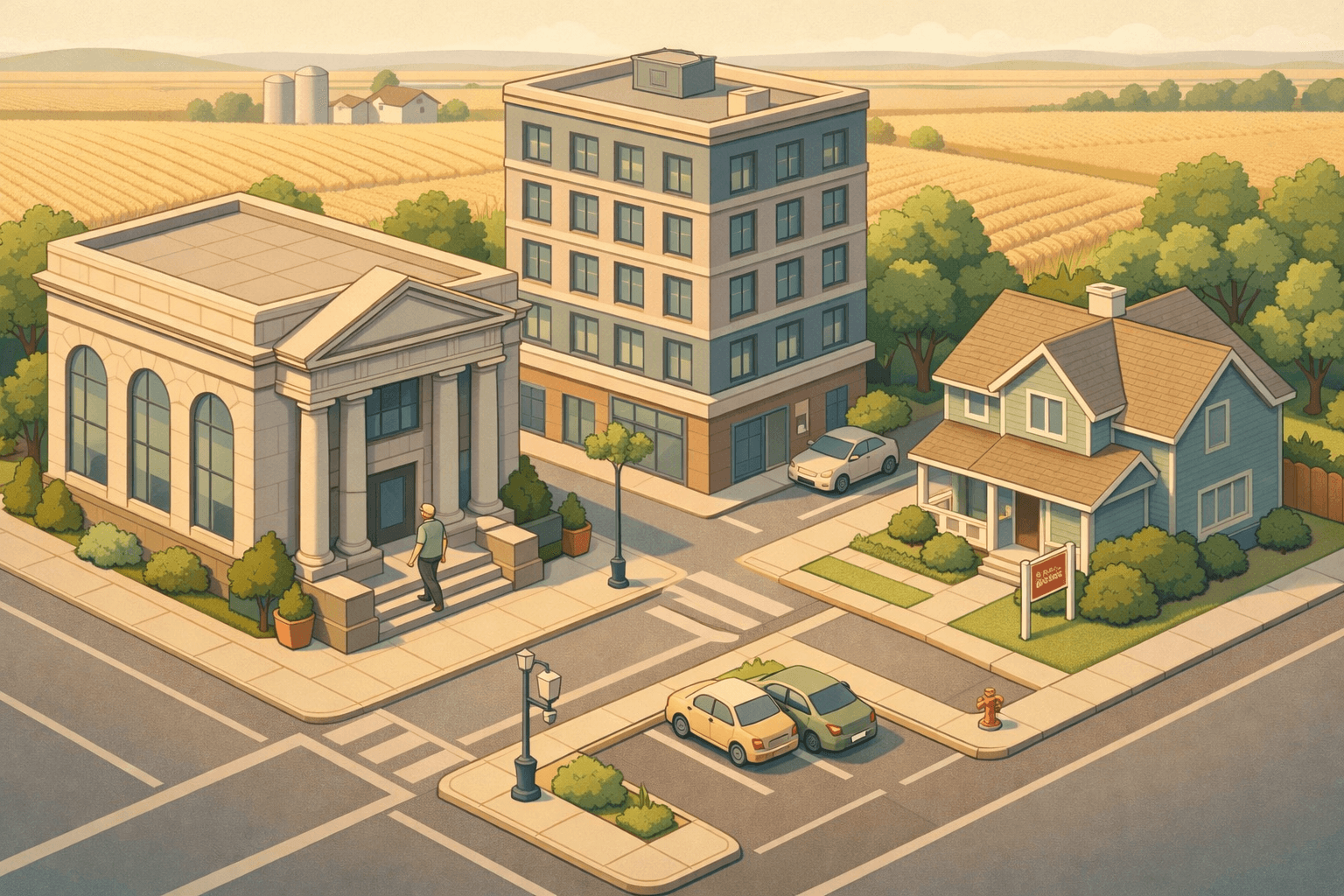 Isometric view of a Great Plains city block with a regional bank, office building, and a home for sale beside open prairie fields.