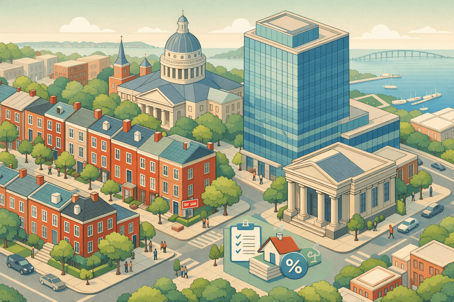 Isometric city scene showing Mid-Atlantic rowhouses, a bank building, a domed civic structure, and tiny people on tree-lined streets near a waterfront.