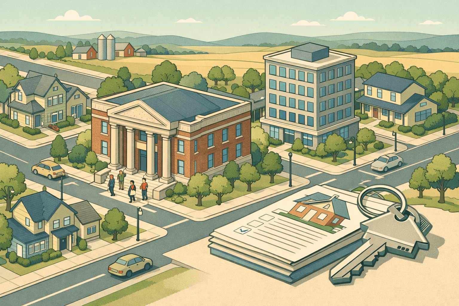 Isometric Midwest cityscape with a bank building, suburban homes, and small figures representing homebuyers approaching a conventional mortgage lender.