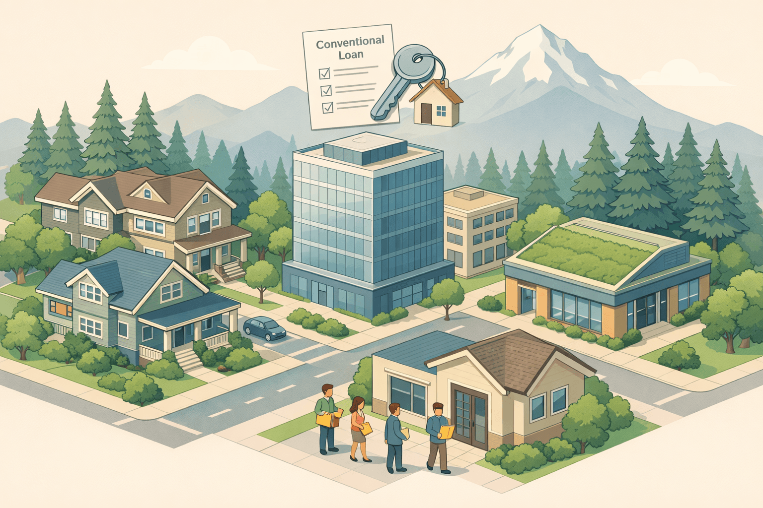 Isometric Pacific Northwest cityscape with craftsman homes, a regional bank, evergreen trees, and small figures near a mortgage office entrance.
