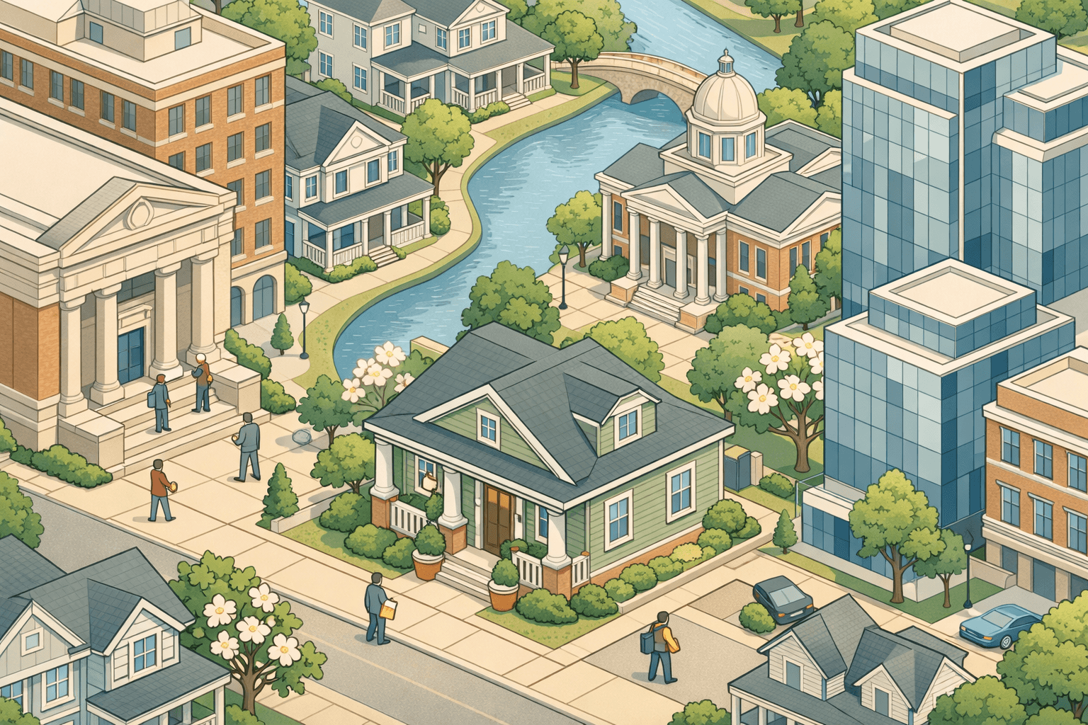 Isometric cityscape of a Southeast neighborhood blending historic bank buildings, Southern-style homes, and a mortgage office with tiny figures nearby.