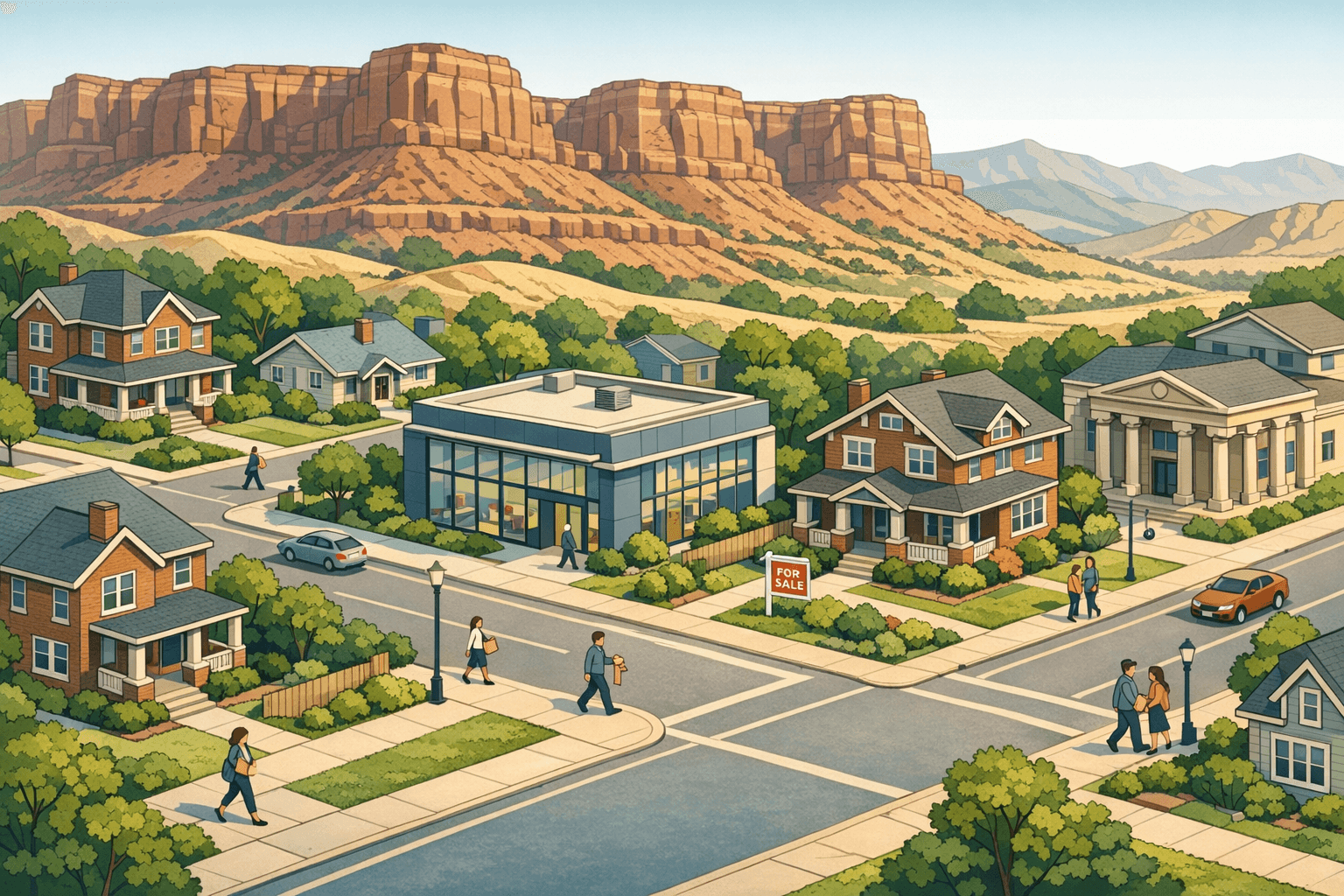Isometric view of a Utah neighborhood with homes, a mortgage office, and red rock desert hills in the background.