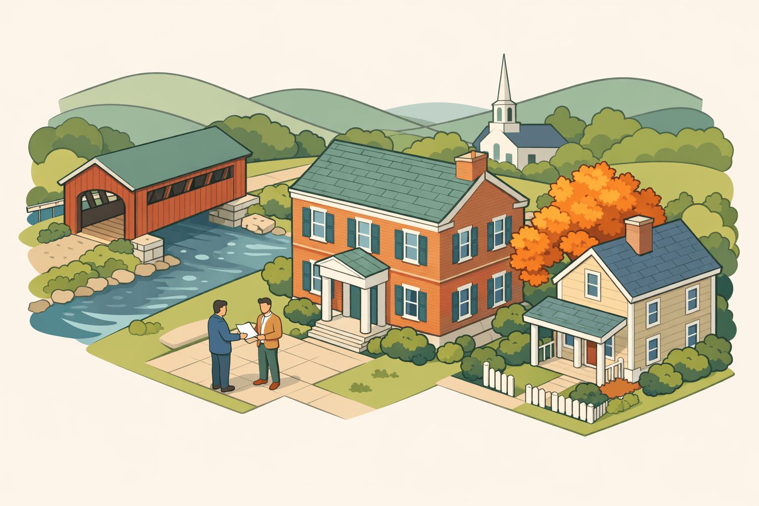 Isometric scene of a Vermont town with a colonial bank building, covered bridge, residential home, and small figures representing a mortgage transaction.