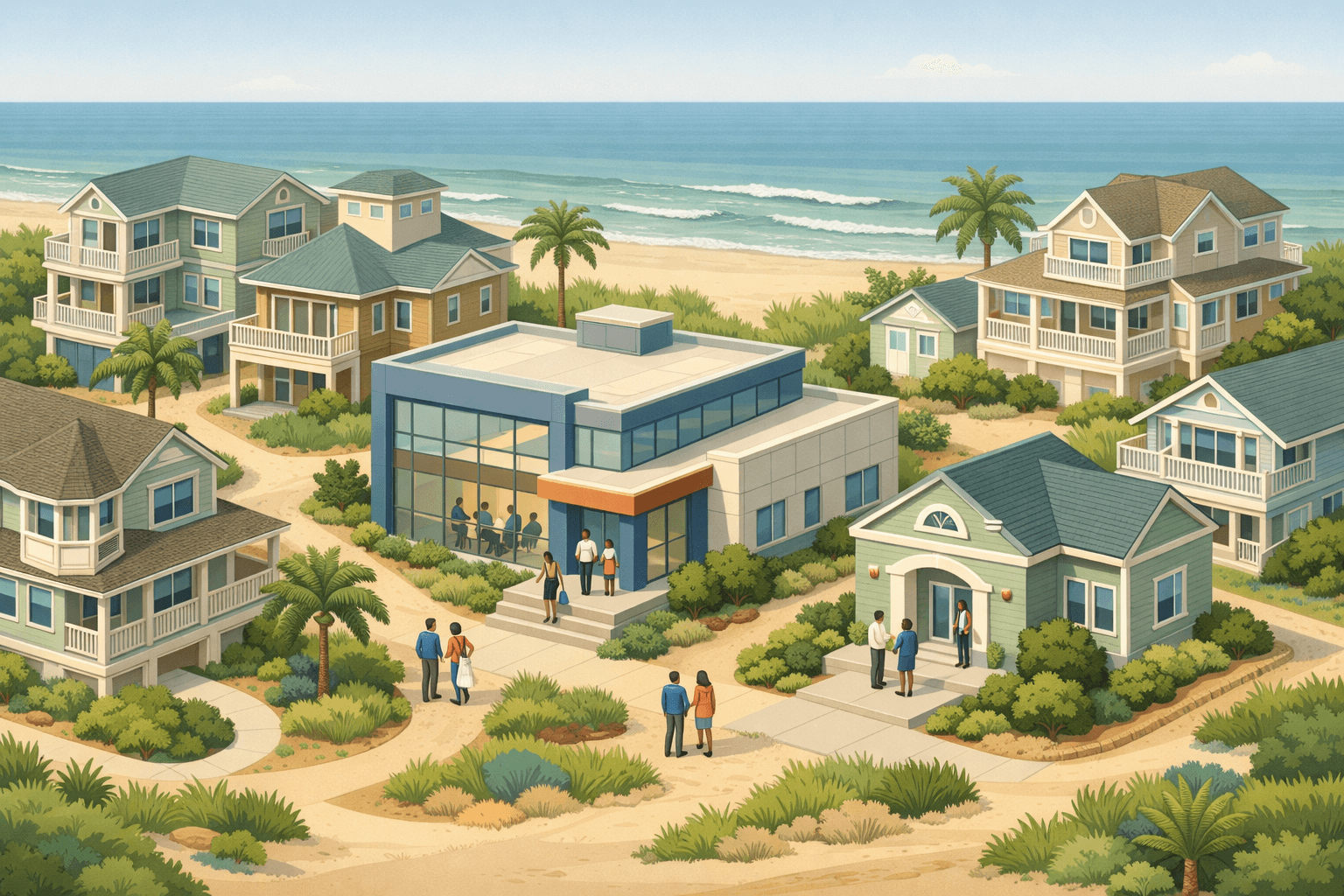 Isometric coastal neighborhood in Virginia Beach showing residential homes, a mortgage office, and small figures of homebuyers near a sandy oceanfront setting.