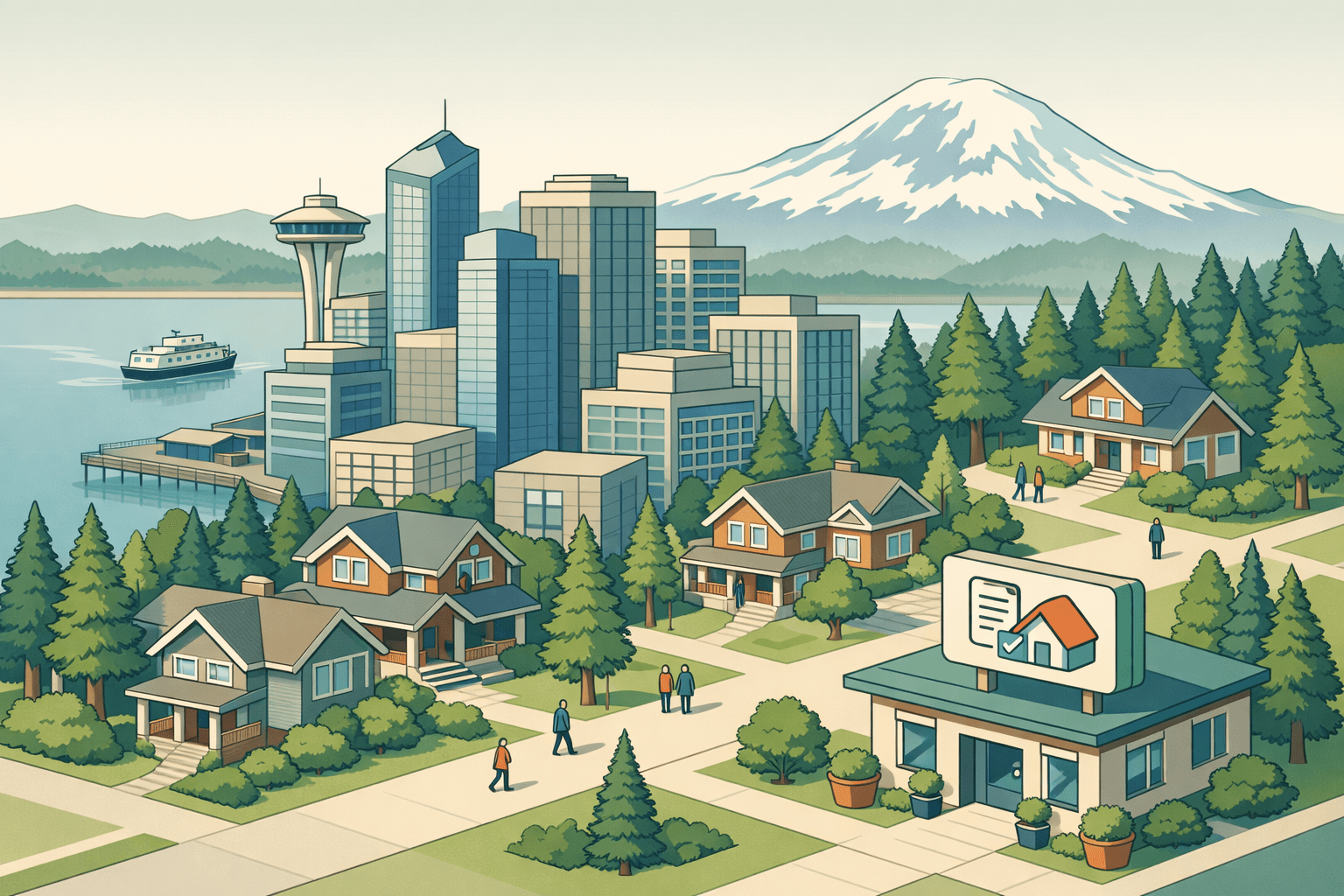 Isometric cityscape of a Pacific Northwest city with evergreen trees, residential homes, office buildings, a mountain, and a waterfront ferry.