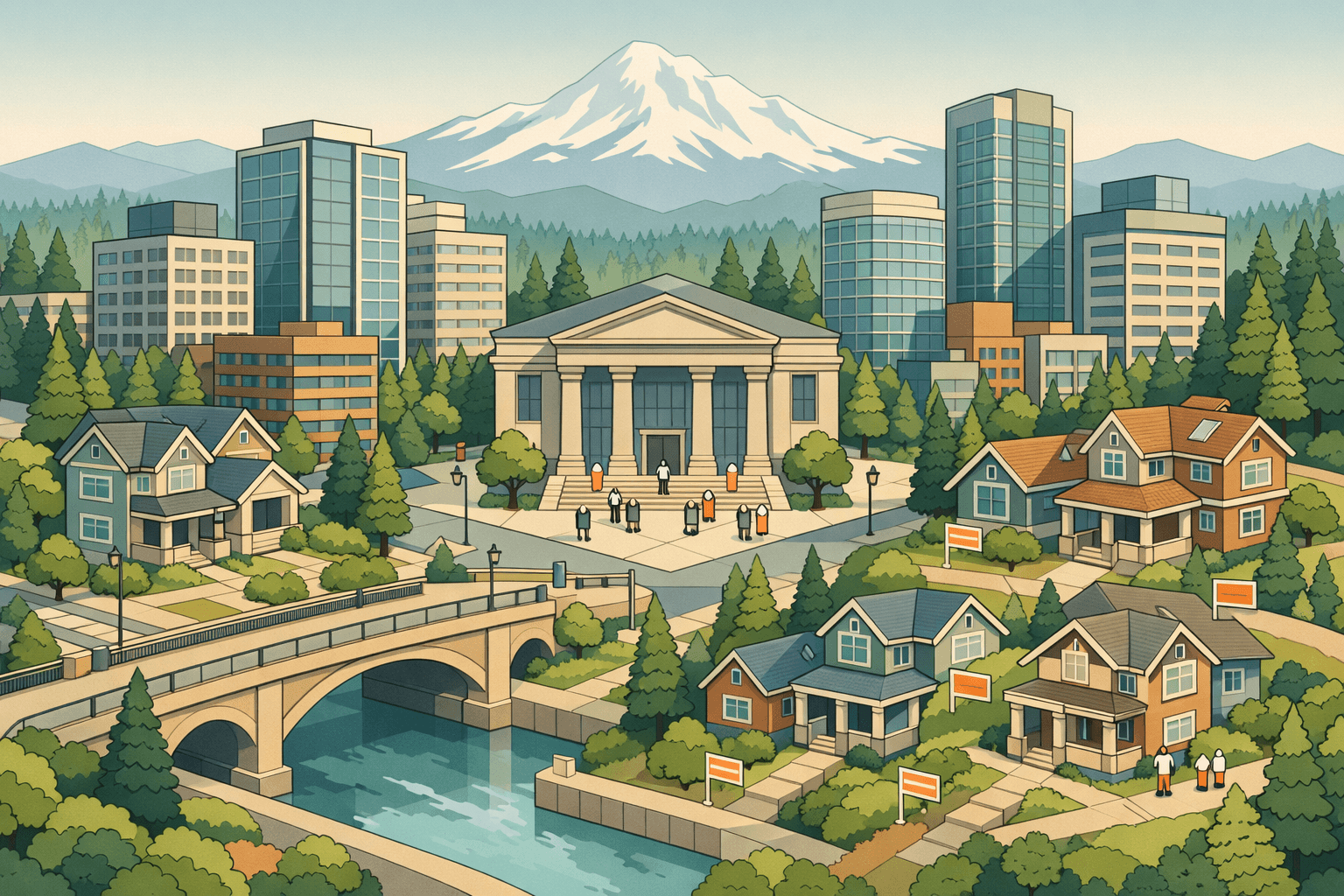 Isometric view of a Pacific Northwest city with residential homes, a central bank building, evergreen trees, a mountain backdrop, and small figures near the entrance.