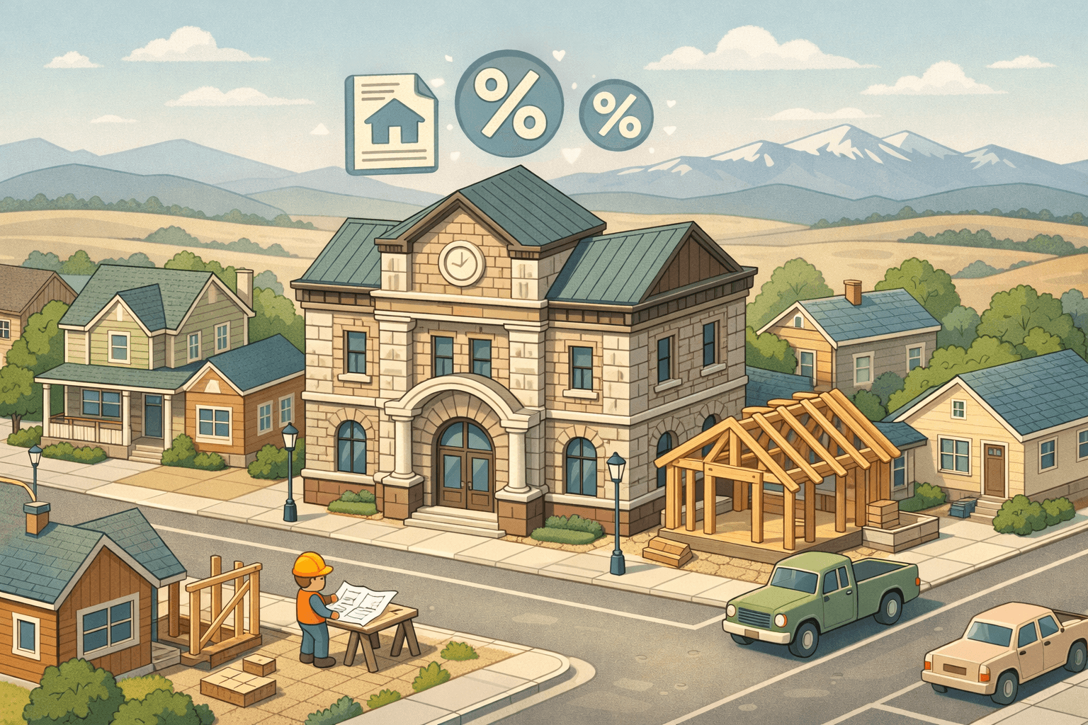 Isometric illustration of a Wyoming downtown block with a community bank, residential homes, and a plains landscape in the background.
