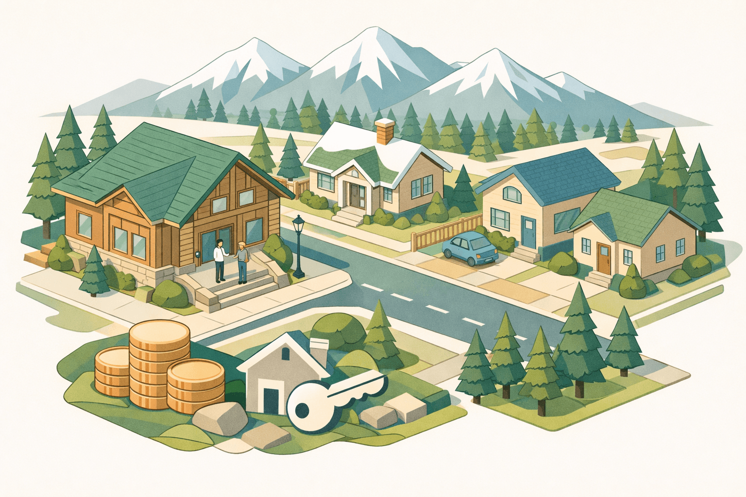 Isometric scene of an Alaskan community bank and home with mountains in the background and small figures exchanging mortgage documents on the steps.