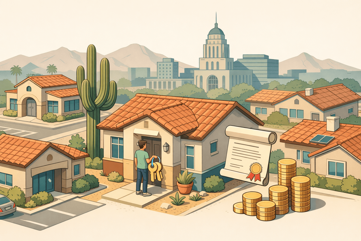 Isometric scene of Arizona homes with a credit union building, a homebuyer receiving keys, and symbolic grant funds representing down payment assistance programs.