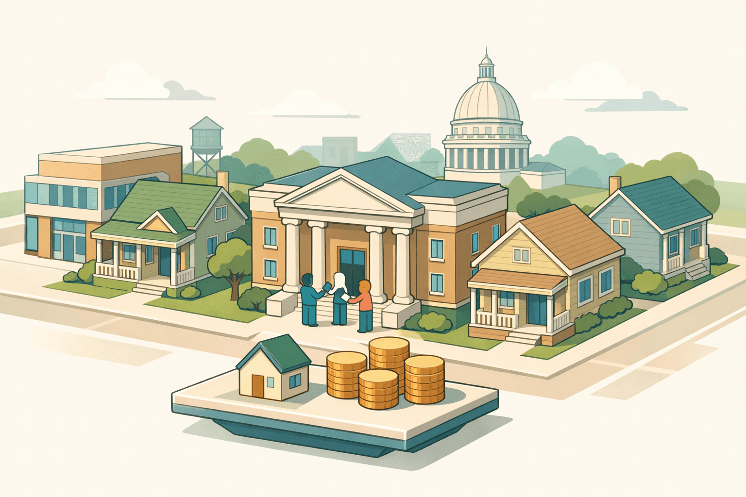Isometric scene of an Arkansas town with a housing finance office, residential homes, a credit union branch, and small figures exchanging keys and documents.