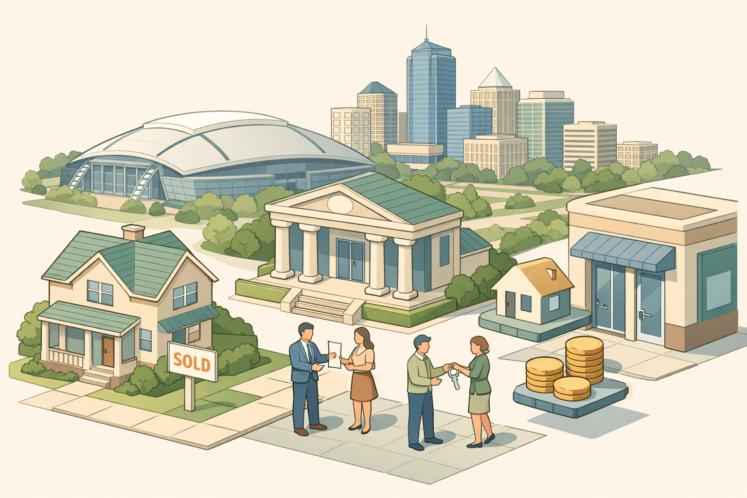 Isometric scene of Arlington Texas with a residential home, a housing finance office, and small figures completing a home purchase with assistance documents.