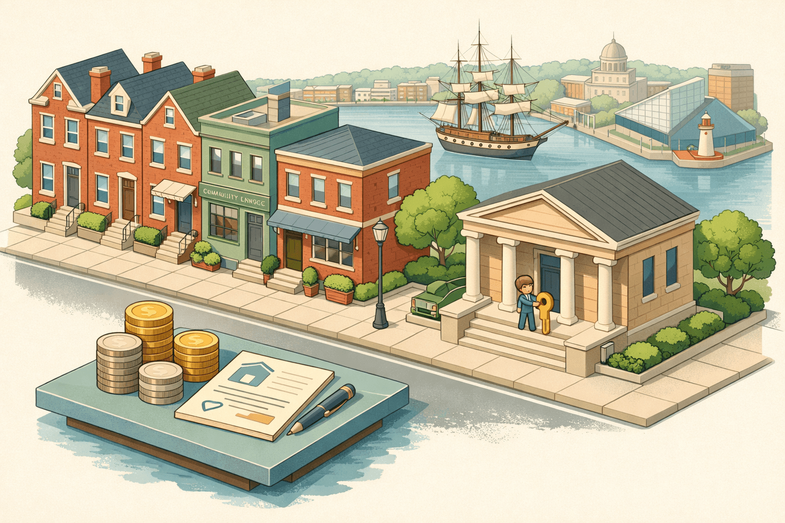 Isometric scene of Baltimore rowhouses and a community lending office with a tiny figure holding a house key and a symbolic down payment document nearby.