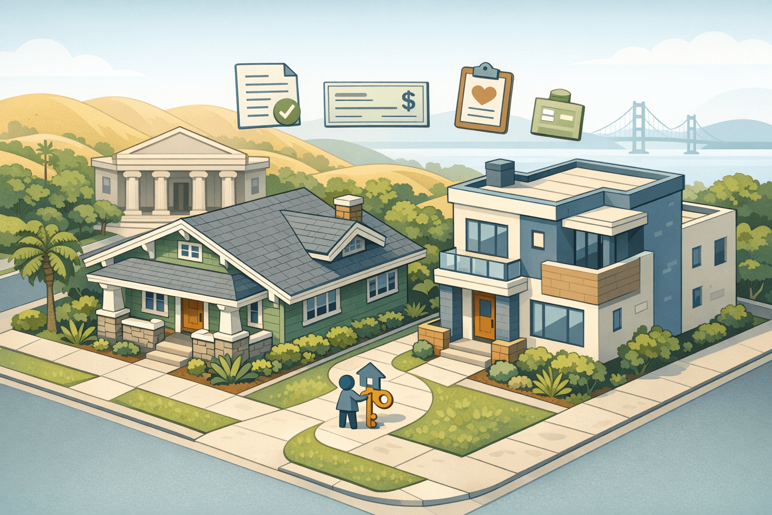 Isometric scene of California homes near a housing agency building with a small figure holding a key, representing down payment assistance for homebuyers.