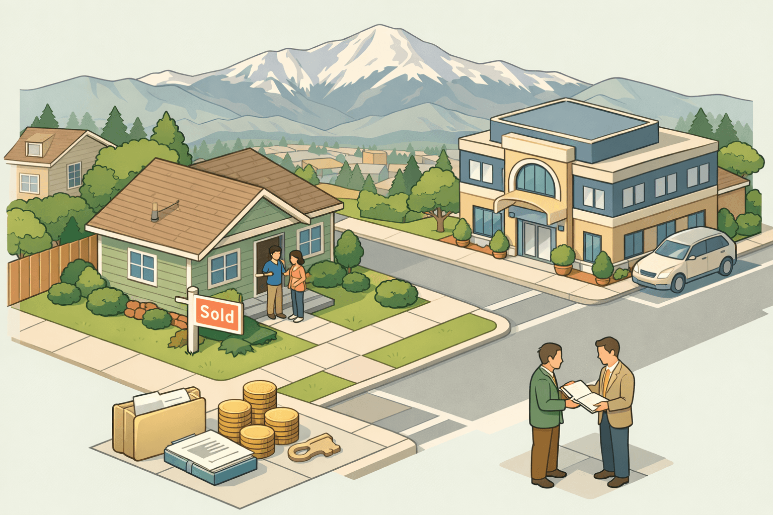 Isometric scene of a Colorado Springs home purchase with Pikes Peak in the background, showing a couple receiving keys and down payment assistance documents.