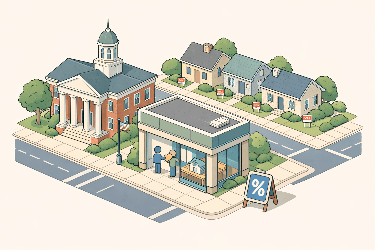Isometric illustration of a Delaware town street with a colonial brick building, a mortgage office, residential homes, and two small figures exchanging a house key.