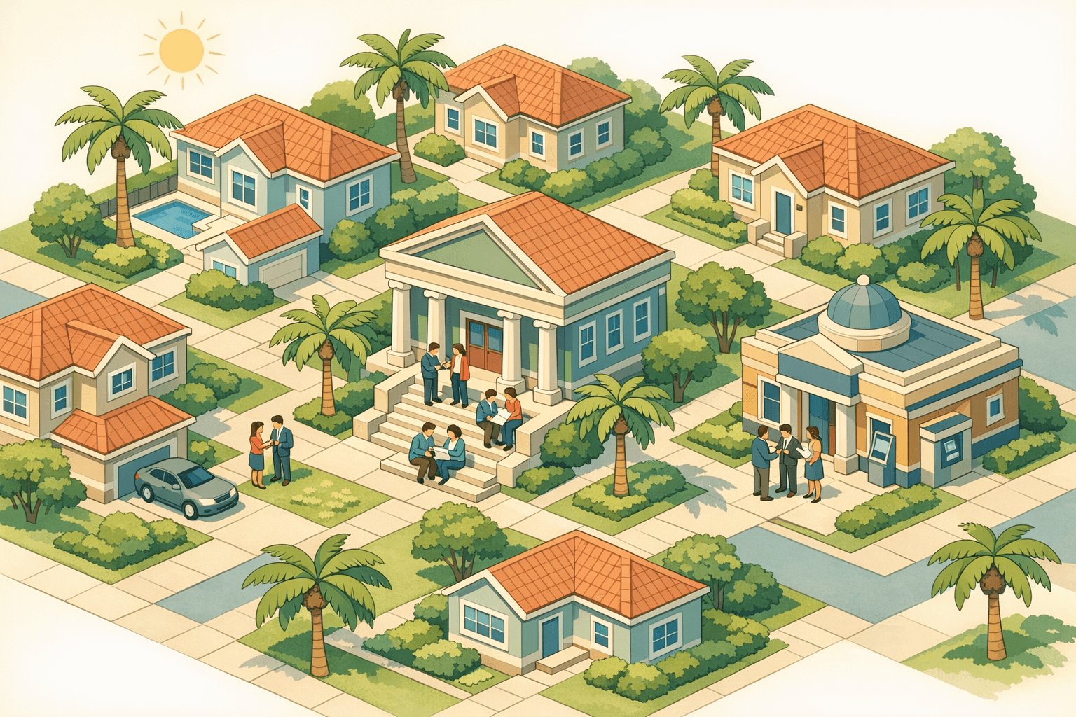 Isometric Florida neighborhood with colorful homes, palm trees, a housing agency office, and small figures exchanging keys and documents.