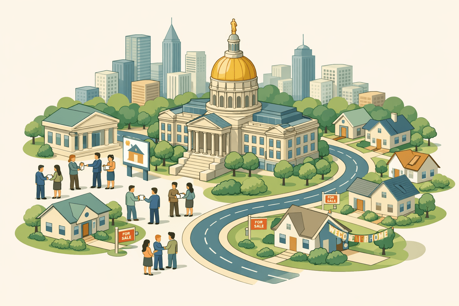 Isometric scene of Georgia homes and a capitol building with small figures exchanging documents near a bank, representing homebuyer down payment assistance programs.