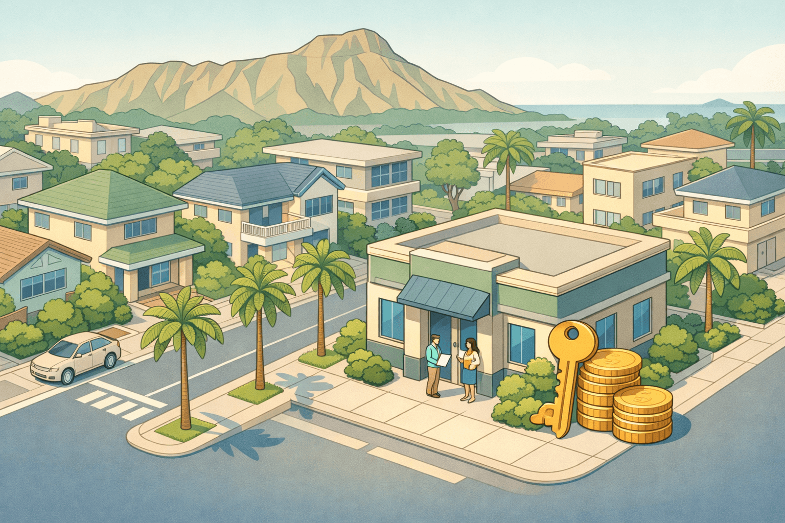Isometric scene of a Honolulu neighborhood with homes, a mortgage office, palm trees, and a Diamond Head silhouette in the background.