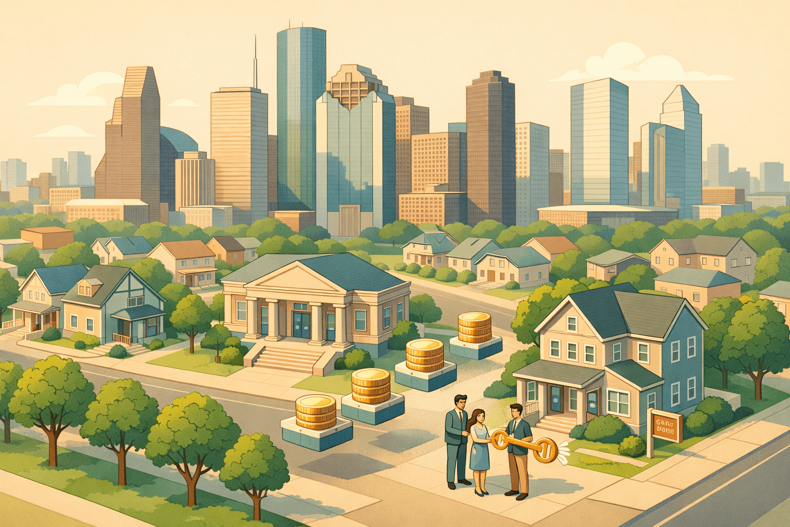 Isometric Houston skyline with a neighborhood bank, residential homes, and small figures of homebuyers receiving keys and down payment assistance.