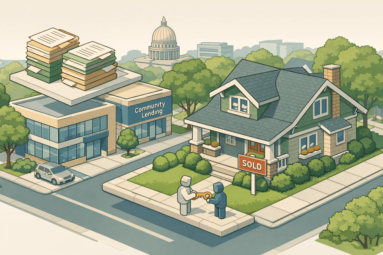 Isometric scene of an Idaho neighborhood with a craftsman home, a community lending office, and a small figure exchanging a house key near a sold sign.