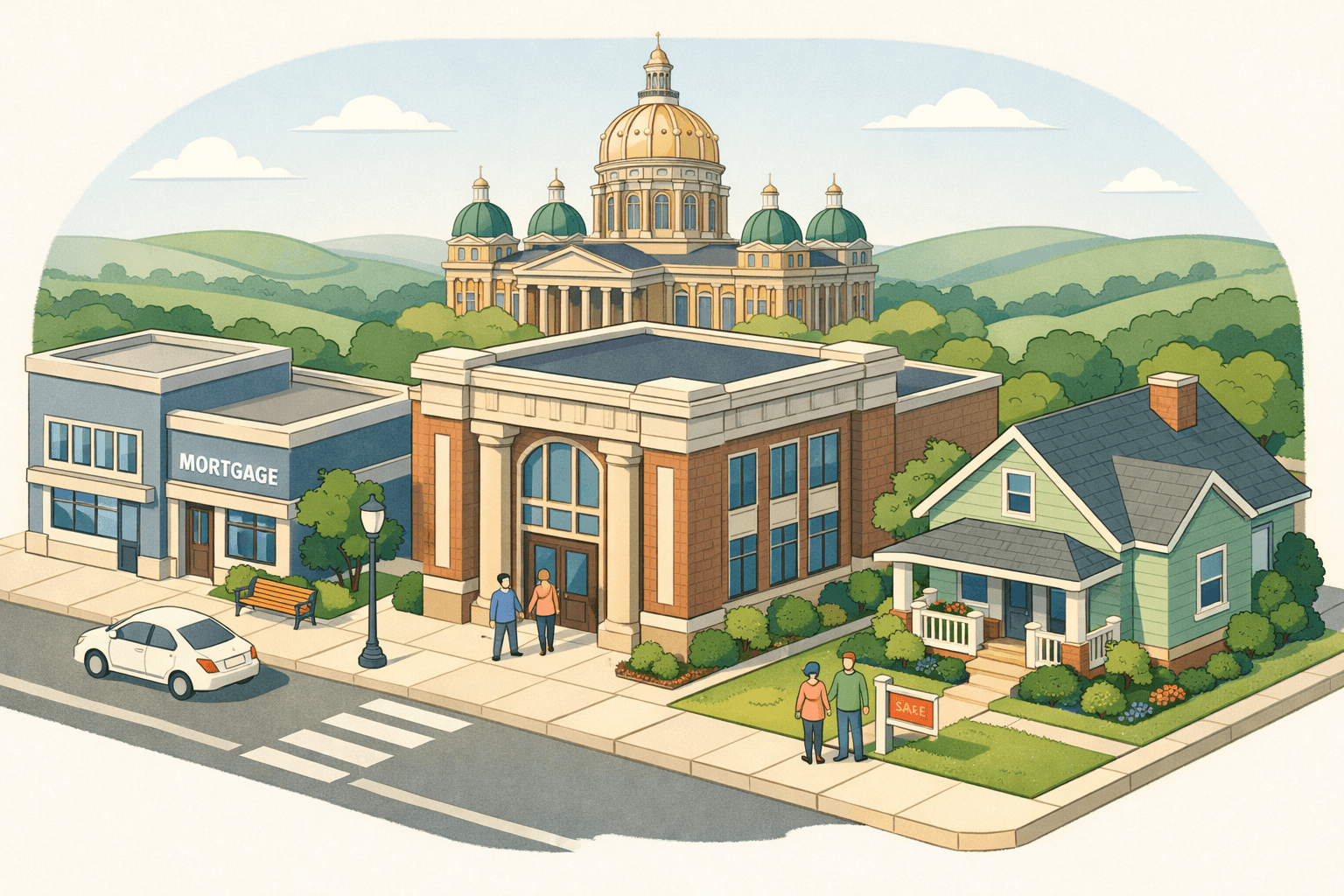Isometric scene of an Iowa main street with a state capitol, community bank, and a home for sale with small figures approaching the entrance.
