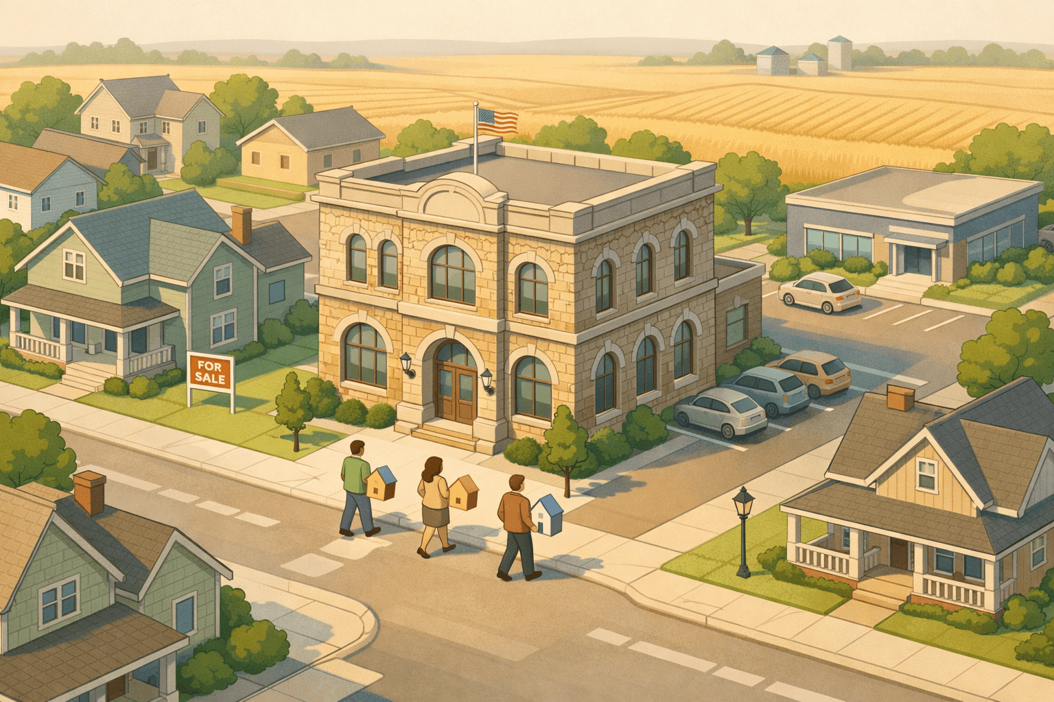 Isometric scene of a Kansas community bank and neighborhood homes with small figures representing first-time homebuyers seeking down payment assistance.