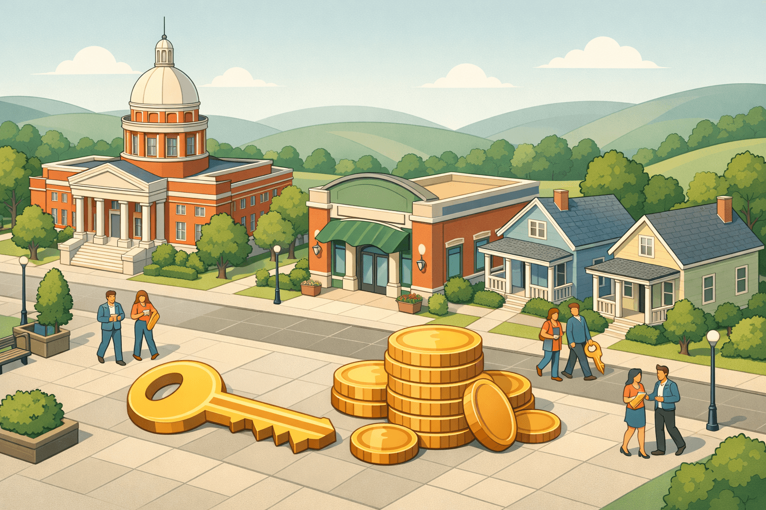 Isometric scene of a Kentucky town with a capitol dome, community bank, residential homes, and people carrying keys representing down payment assistance.