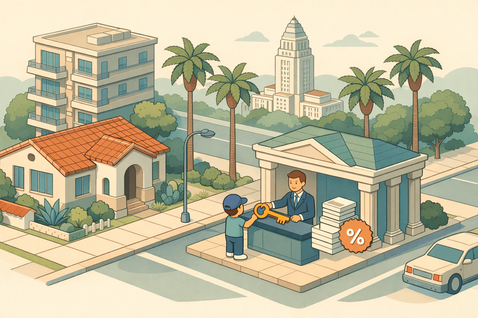 A small figure receives a house key at a bank counter in an isometric Los Angeles neighborhood with palm trees and a city building nearby.