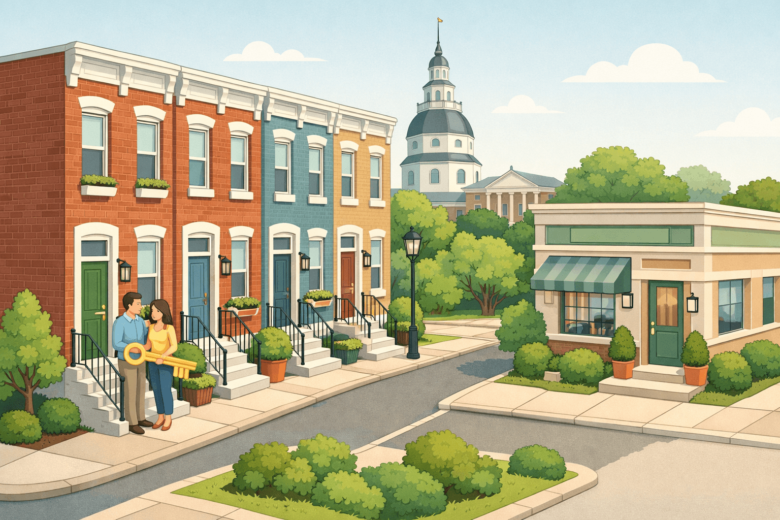 Isometric scene of a Maryland row house neighborhood with a domed government building in the background and a couple receiving keys to their new home.