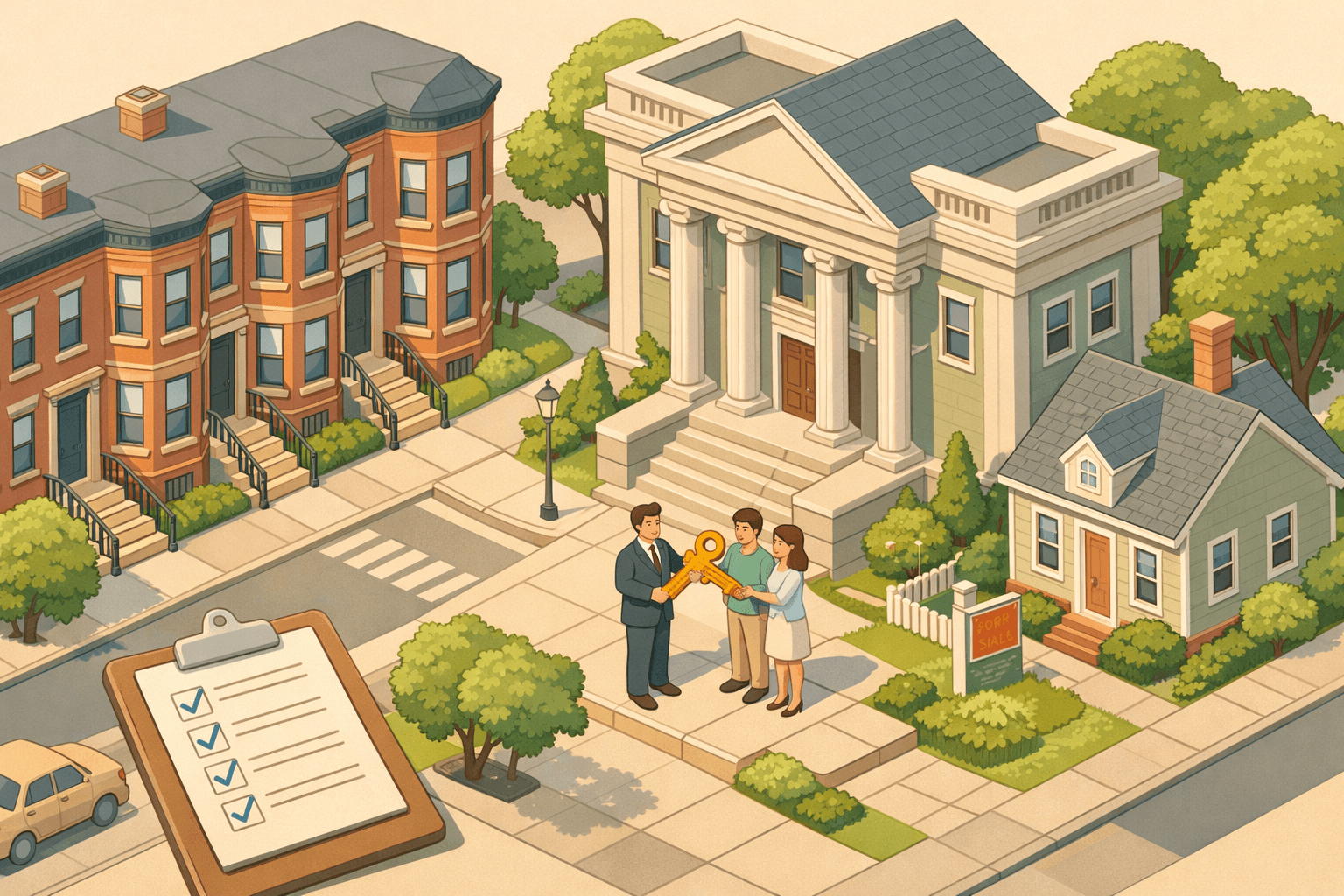Isometric street scene showing a Massachusetts brick brownstone, a colonial bank building, and a couple receiving a house key from a lender on the steps.
