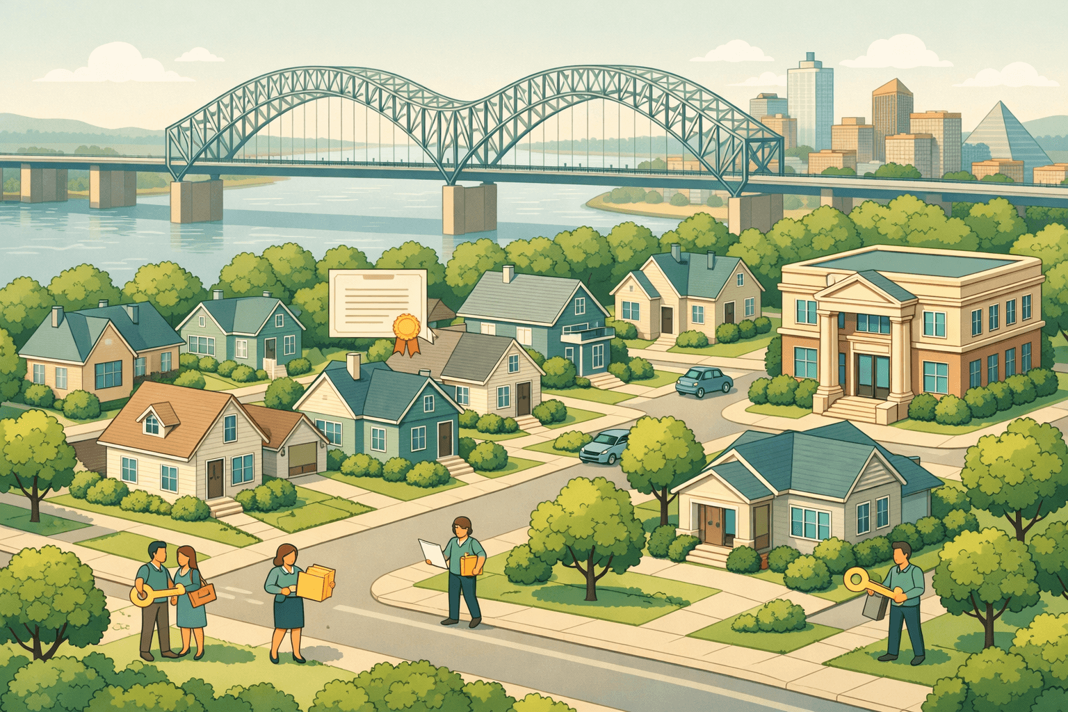 Isometric illustration of Memphis neighborhoods with a bridge skyline, residential homes, a community bank, and small figures representing homebuyers receiving down payment assistance.