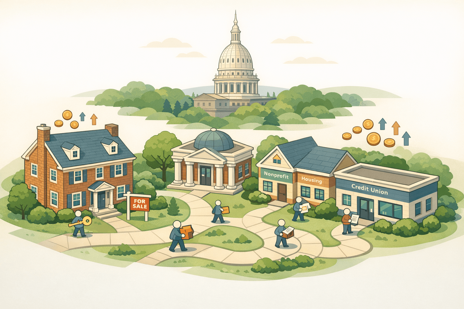 Isometric street scene with Michigan homes, a community bank, and a housing office, with small figures representing homebuyers receiving down payment assistance.