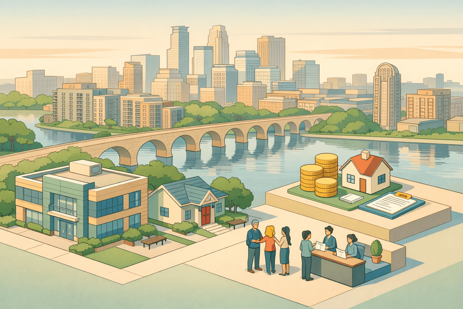 Isometric view of Minneapolis buildings and bridge with small figures receiving house keys and documents near a community lending office representing down payment assistance.