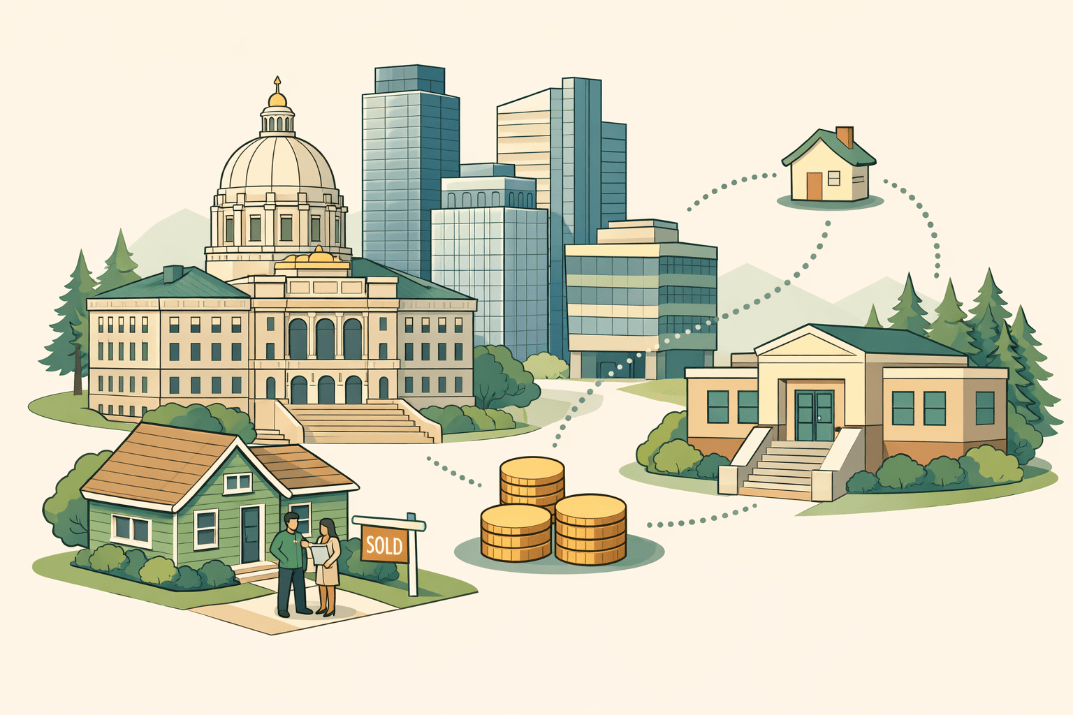 Isometric Minnesota city scene with government buildings, a suburban home with a sold sign, small homebuyer figures, and visual elements representing down payment assistance.