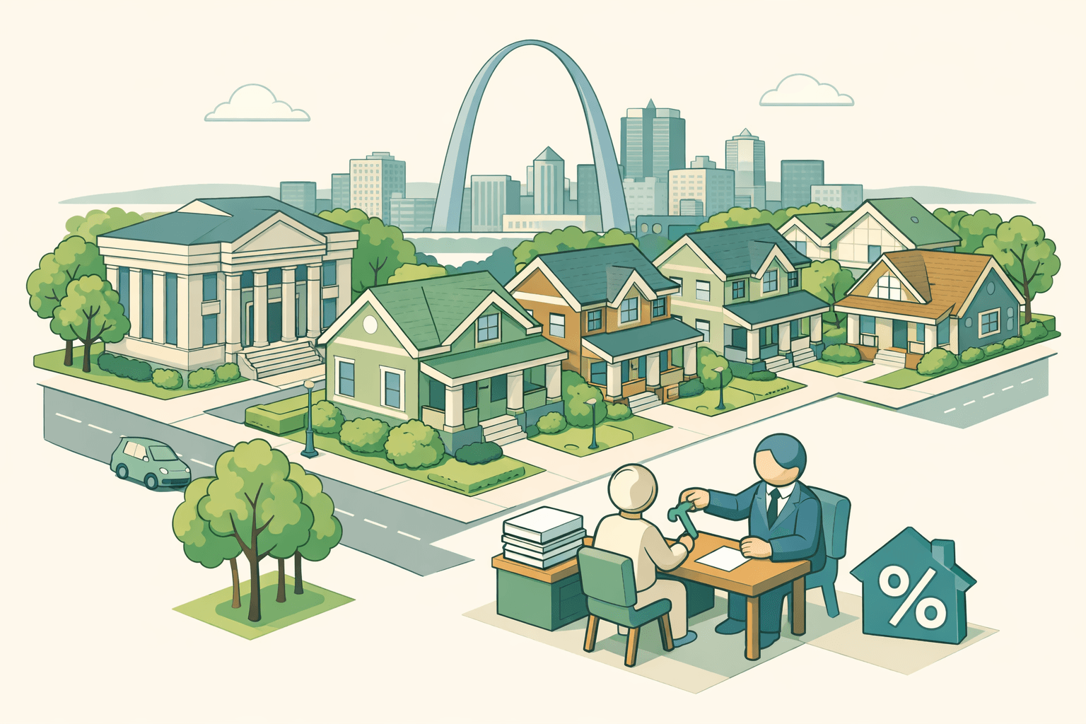 Isometric Missouri neighborhood with craftsman homes, a housing agency office, and a tiny figure receiving house keys from a loan officer at a desk.