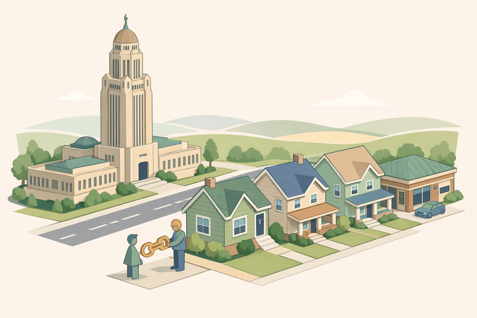 Isometric scene of Nebraska homes and a community bank with small figures representing homebuyers receiving down payment assistance at closing.