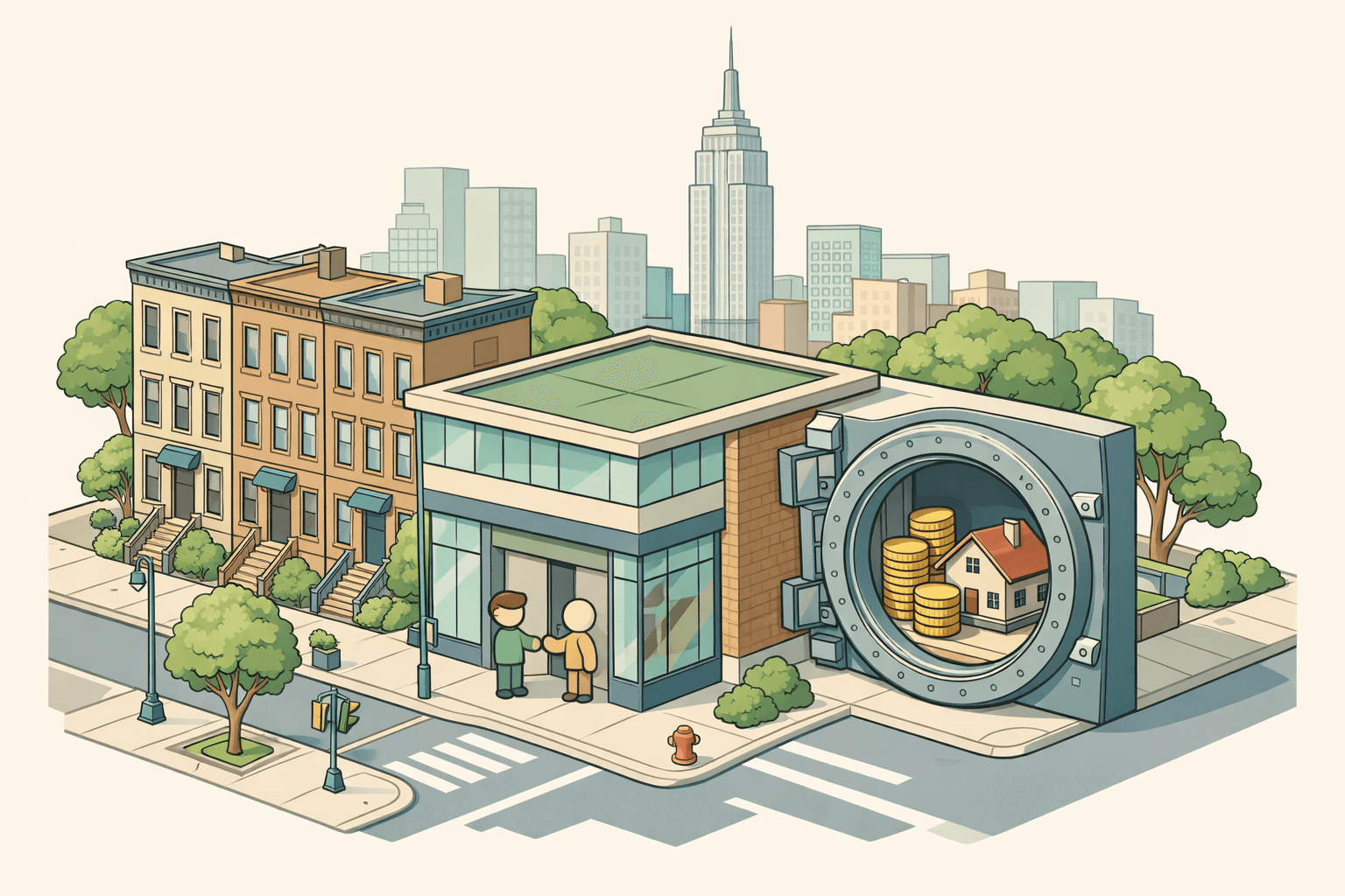Isometric scene of New York City brownstones and a community bank corner branch with a tiny figure receiving a house key and a safe holding a small home model.