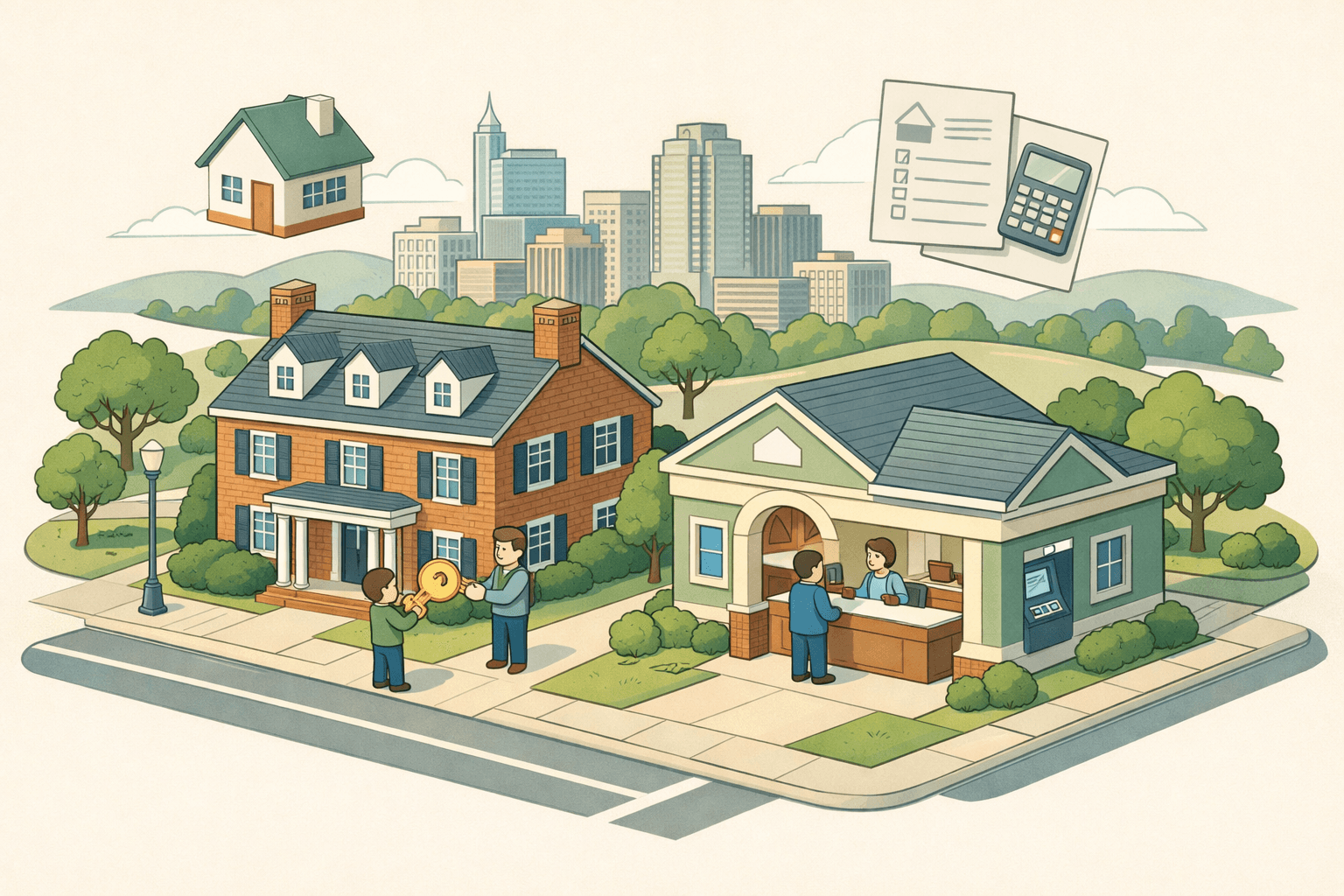 Isometric scene of a North Carolina neighborhood with a colonial home, a credit union building, and tiny figures completing a home purchase with a key handoff.