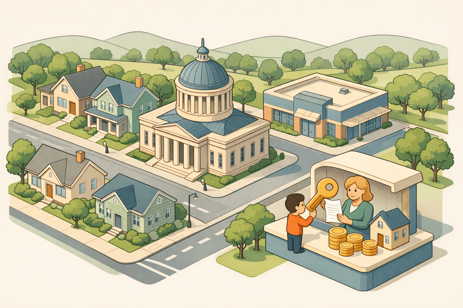 Isometric Ohio neighborhood scene with homes, a state building, a community bank, and a small figure receiving a house key at an assistance counter.