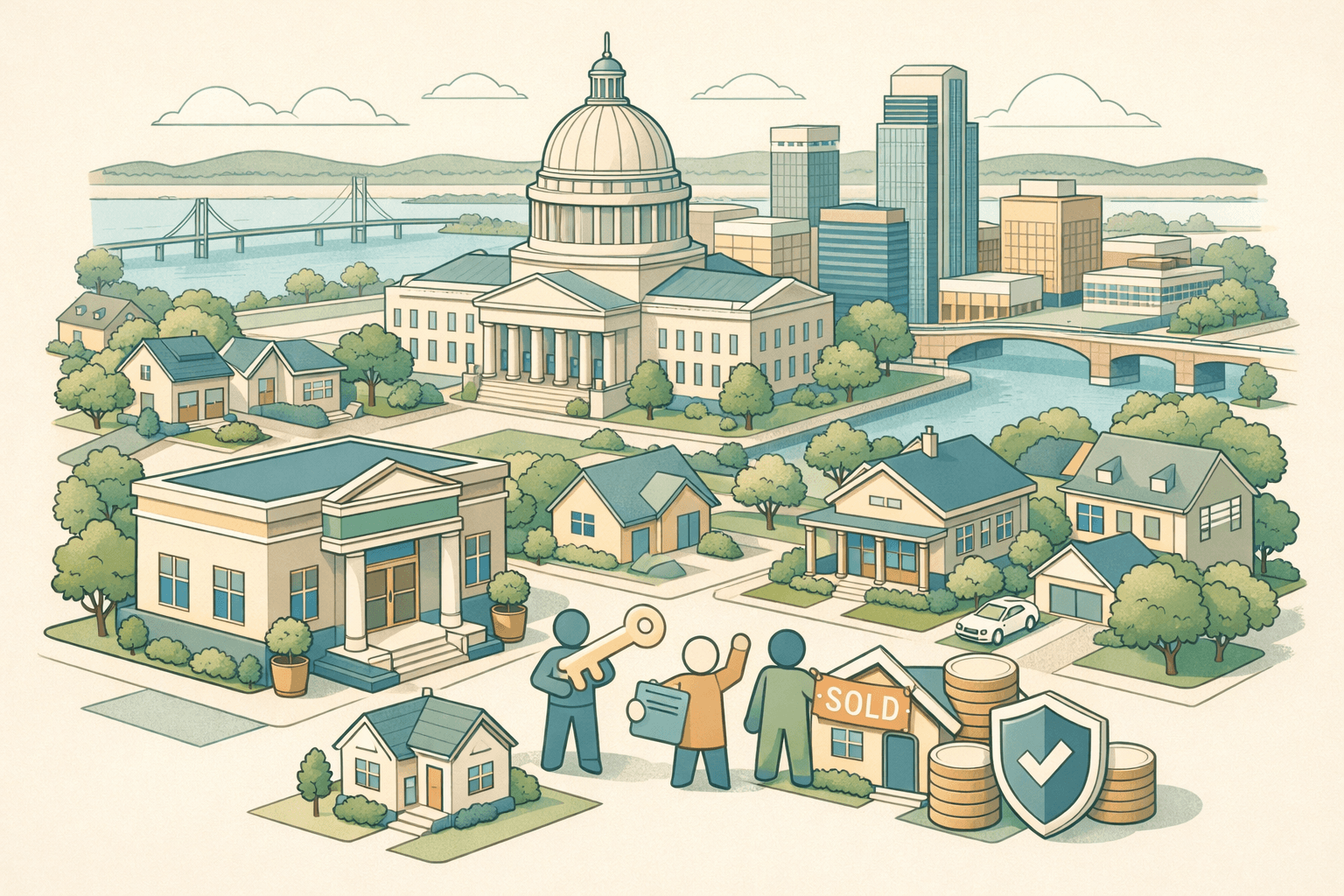 Isometric scene of an Omaha cityscape with residential homes, a community bank, and small figures receiving homebuyer assistance near a house with a sold sign.