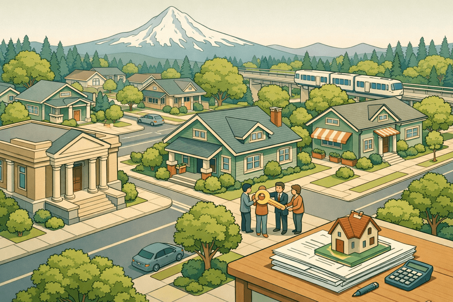 Isometric Oregon neighborhood scene with Craftsman homes, a community bank, a housing office, and small figures of homebuyers receiving keys from a lender.