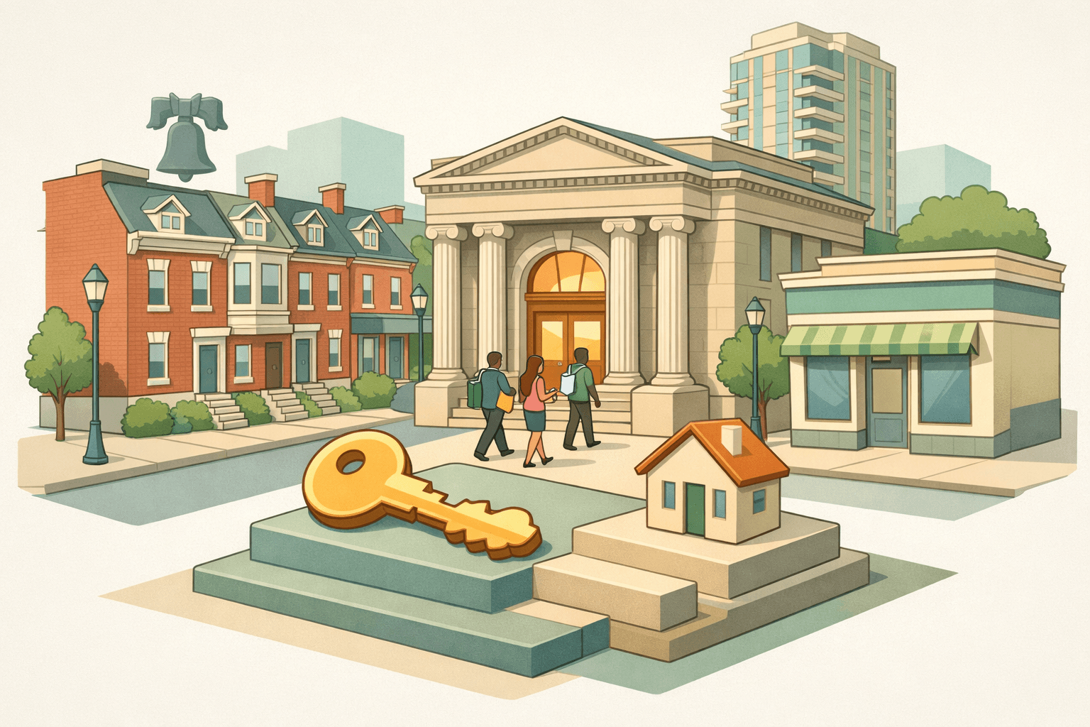 Isometric Philadelphia street scene with rowhomes, a bank building, and small figures of homebuyers representing down payment assistance programs.
