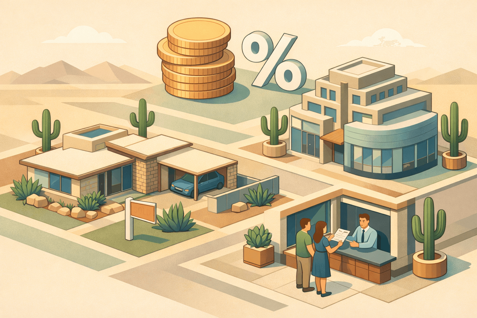 Isometric scene of a Phoenix neighborhood with a home purchase, housing agency office, credit union branch, and a couple receiving down payment assistance documents.