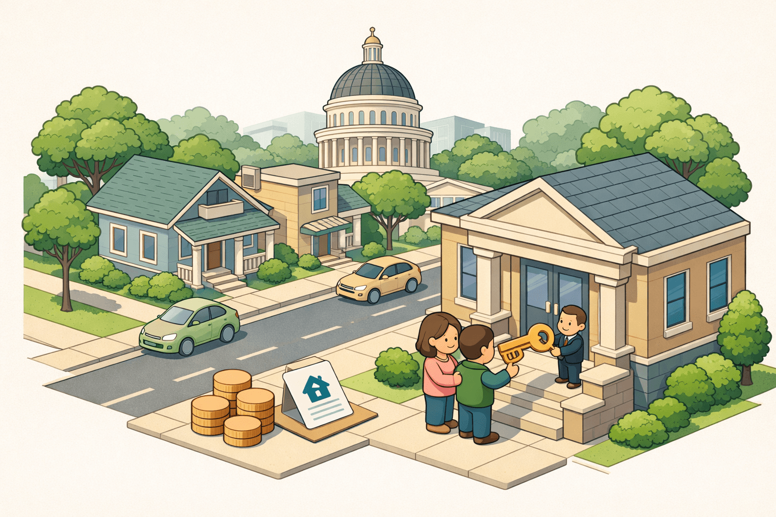 Isometric illustration of a Sacramento neighborhood with the State Capitol in the background and a couple receiving a home key from a lender outside a community building.