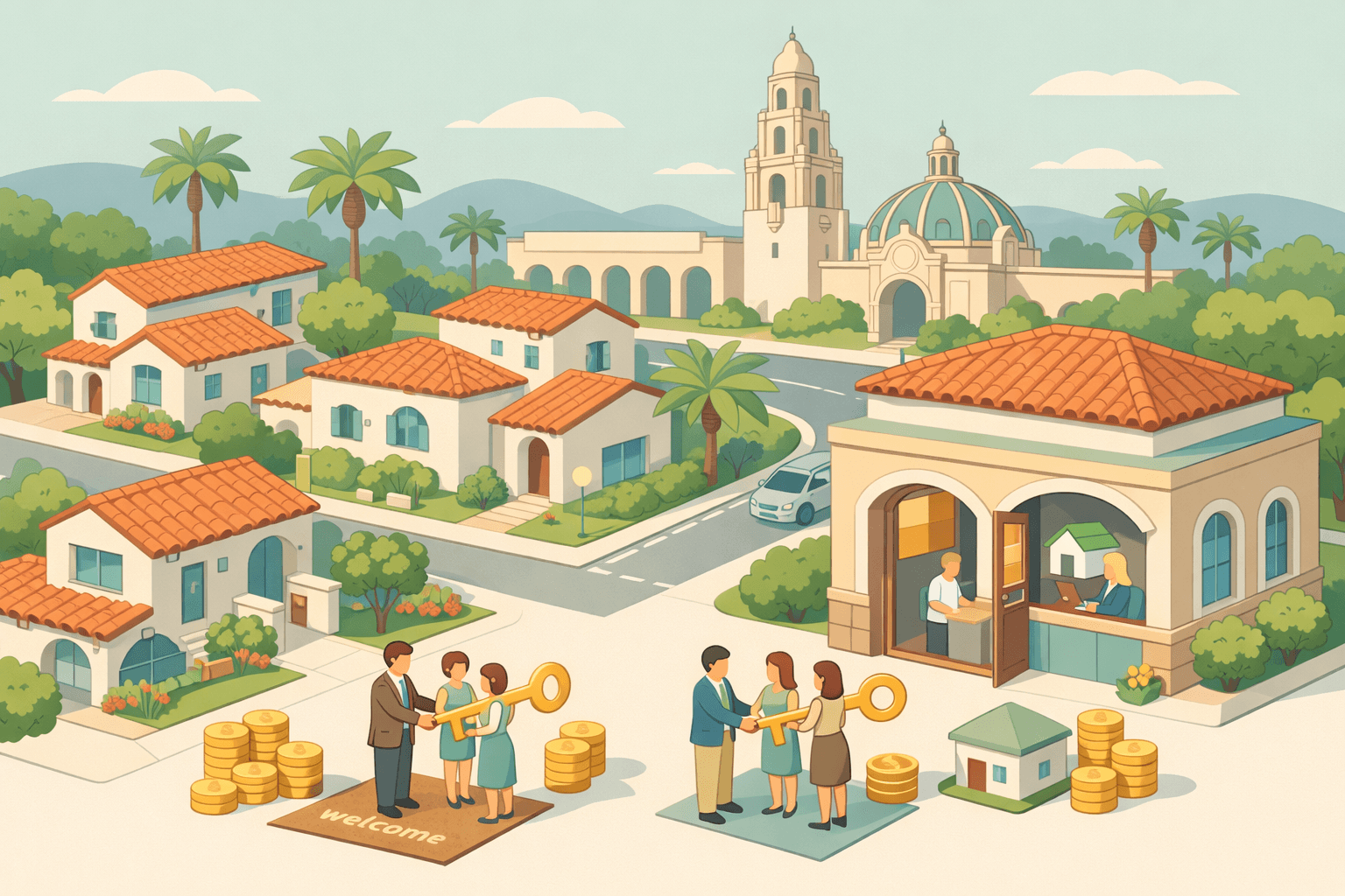 Isometric scene of San Diego-style homes, a community bank, and small figures representing homebuyers receiving down payment assistance in a pastel neighborhood setting.