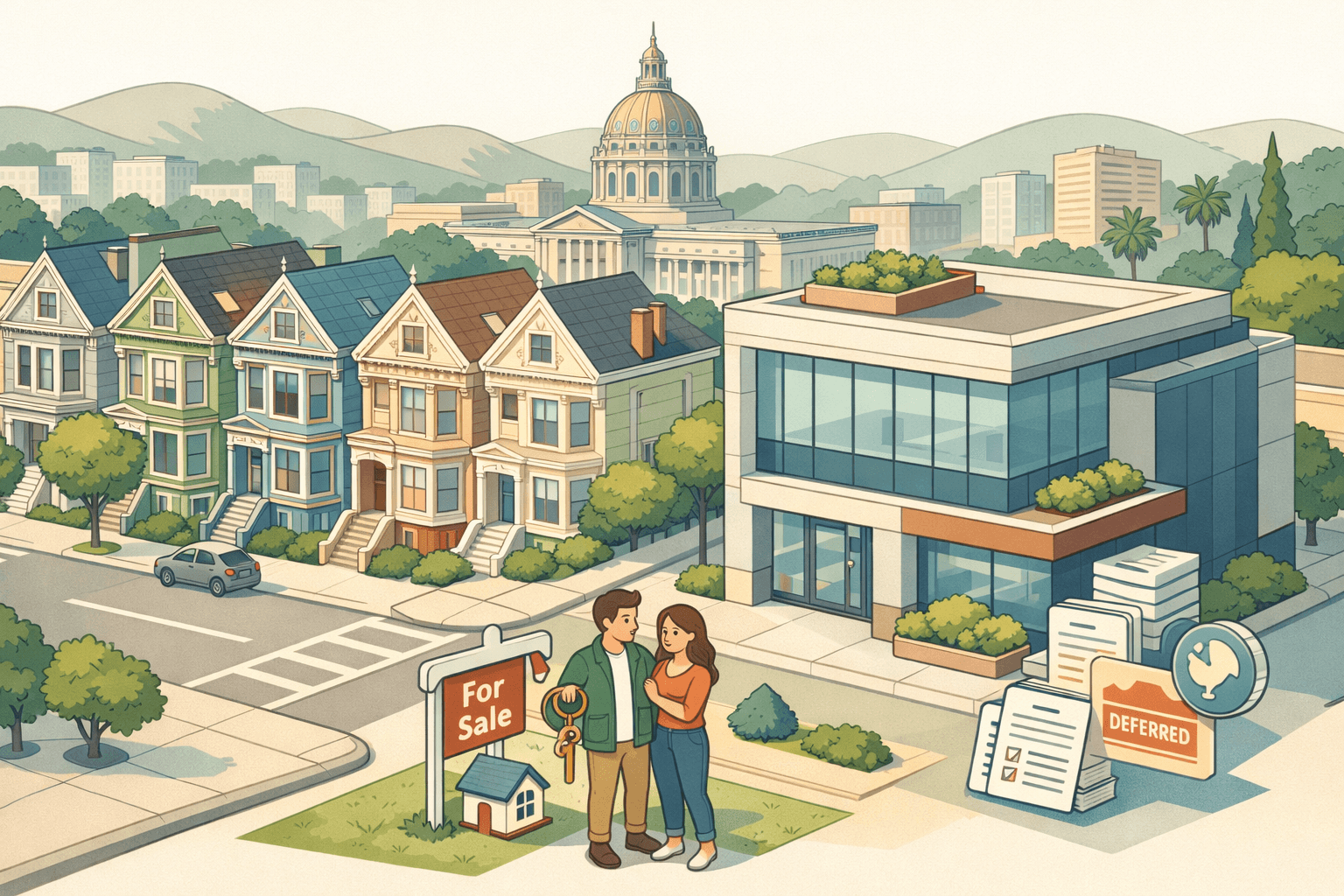 Isometric scene of San Francisco Victorian homes next to a mortgage office building with a couple receiving house keys and city hall in the background.