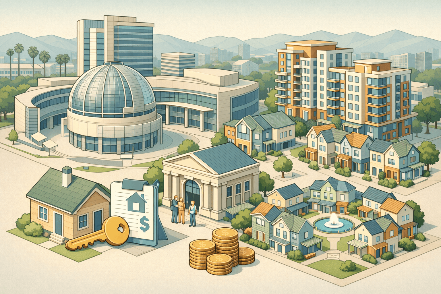 Isometric city scene with San Jose-style buildings, a small house receiving a grant key, and tiny figures near a bank representing homebuyer assistance.