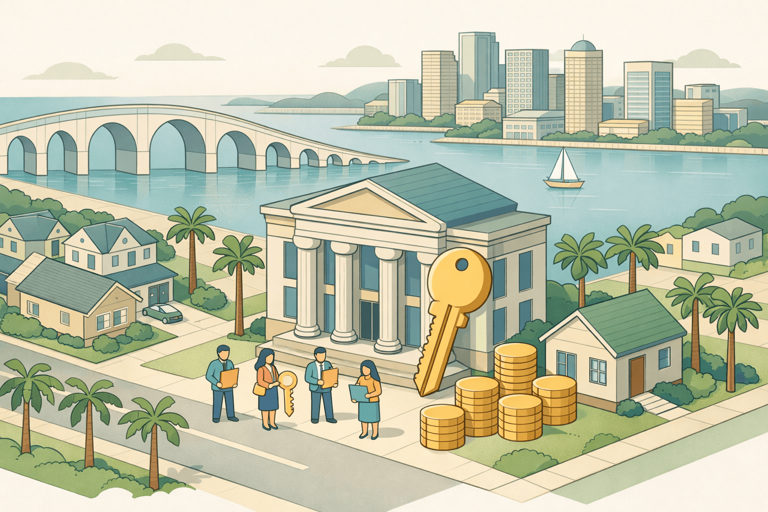 Isometric view of a Tampa waterfront neighborhood with a mortgage office, residential homes, palm trees, and small figures holding house keys and documents.