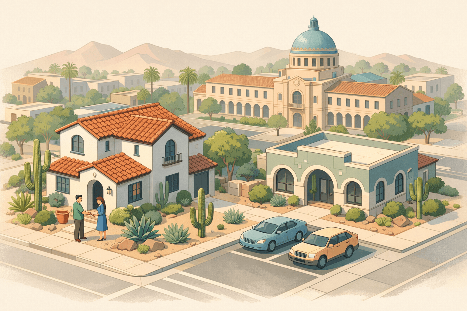 Isometric scene of a Tucson neighborhood with a stucco home, community lending office, desert plants, and a small figure receiving a house key.
